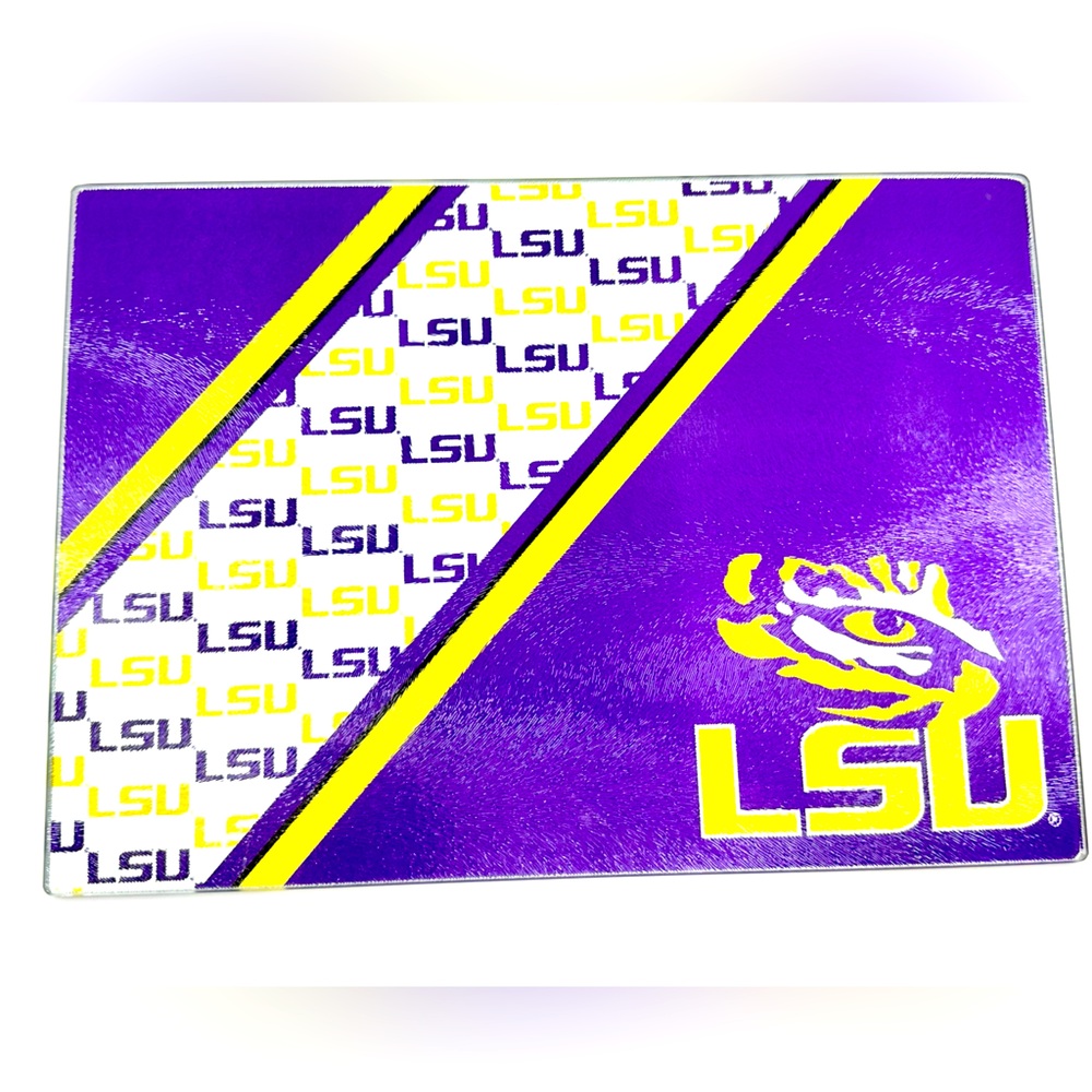 LSU Purple and Yellow Textured Glass Cutting Board